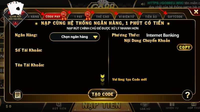 Các phương thức Nạp tiền GO88